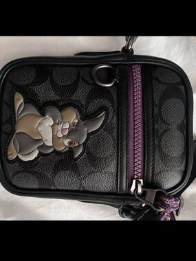 Coach Black Signature Crossbody with Thumper Patch and Purple Trim